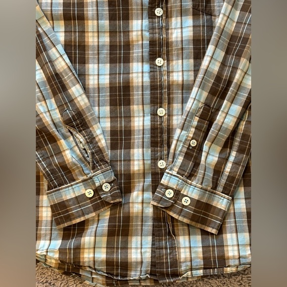 Cherokee Boys Brown Blue Plaid Long Sleeve Cotton Button Down Shirt Size 12/14 - Picture 3 of 5